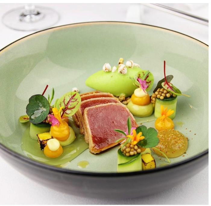 Thunfisch auf grünem Teller, modern angerichtet